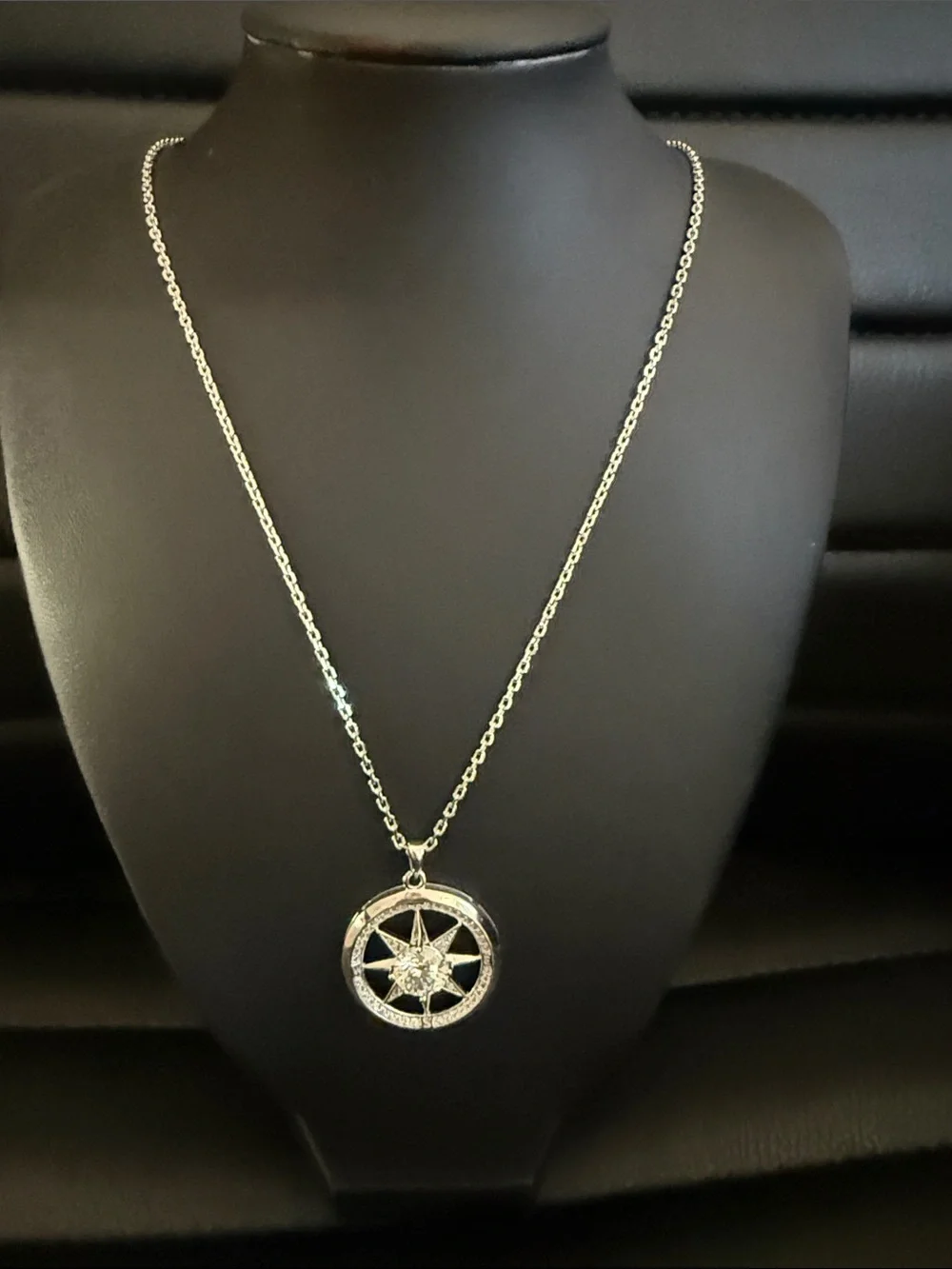 18K White Gold Plated Star Compass 2 CTW Moissanite Pendant Necklace NEW in Box
